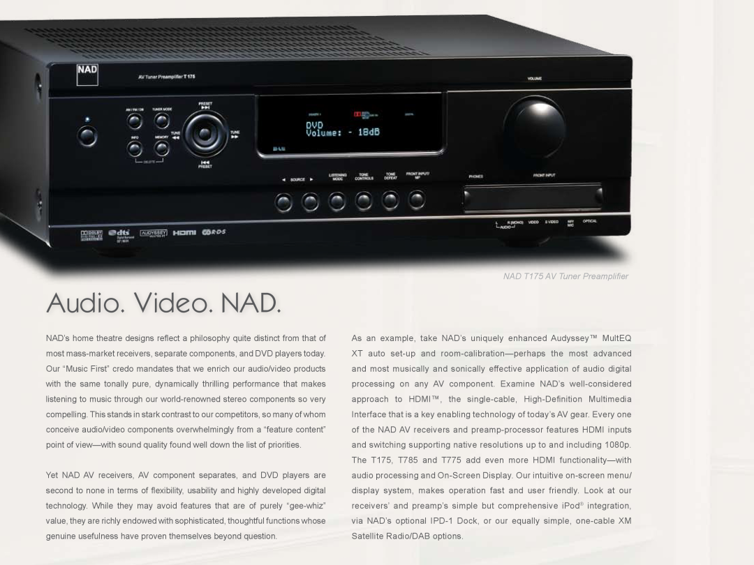 NAD 3020 manual Audio. Video. NAD, NAD T175 AV Tuner Preamplifier 