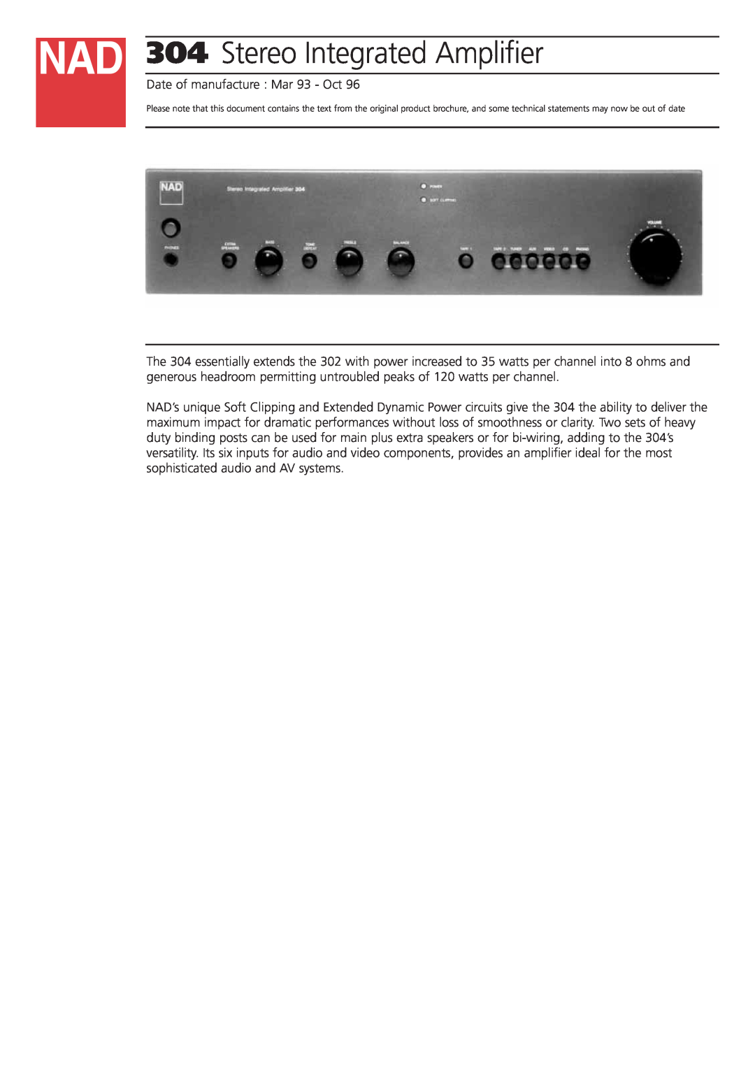 NAD brochure 304Stereo Integrated Amplifier 