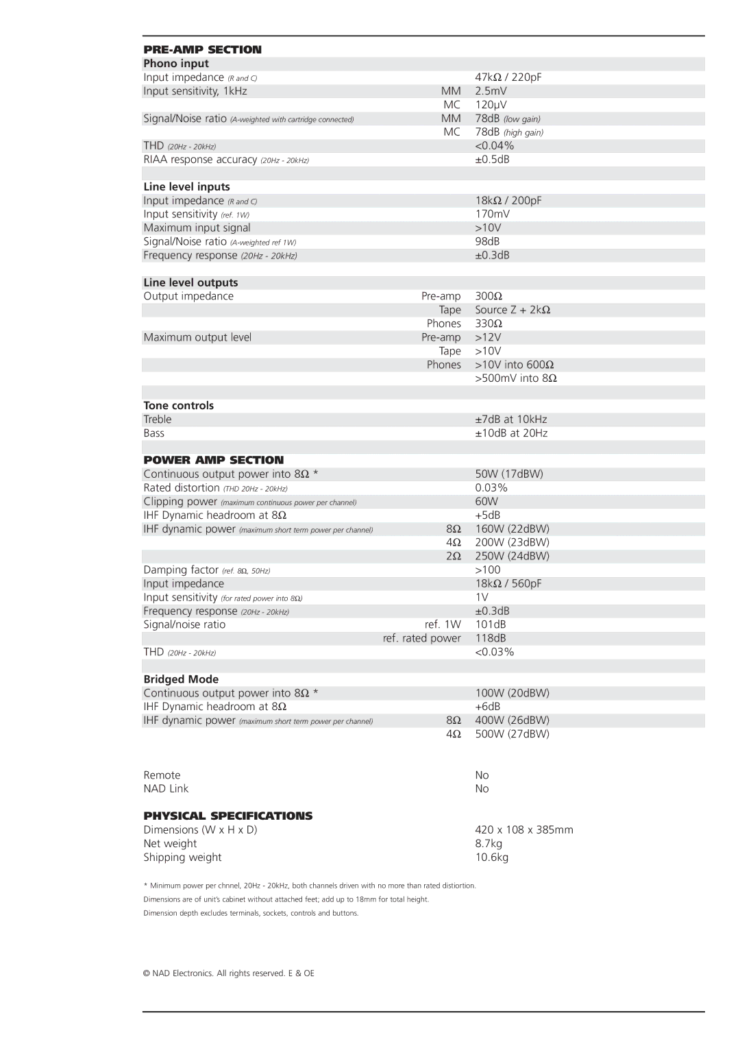 NAD 306 brochure PRE-AMP Section, Power AMP Section, Physical Specifications 