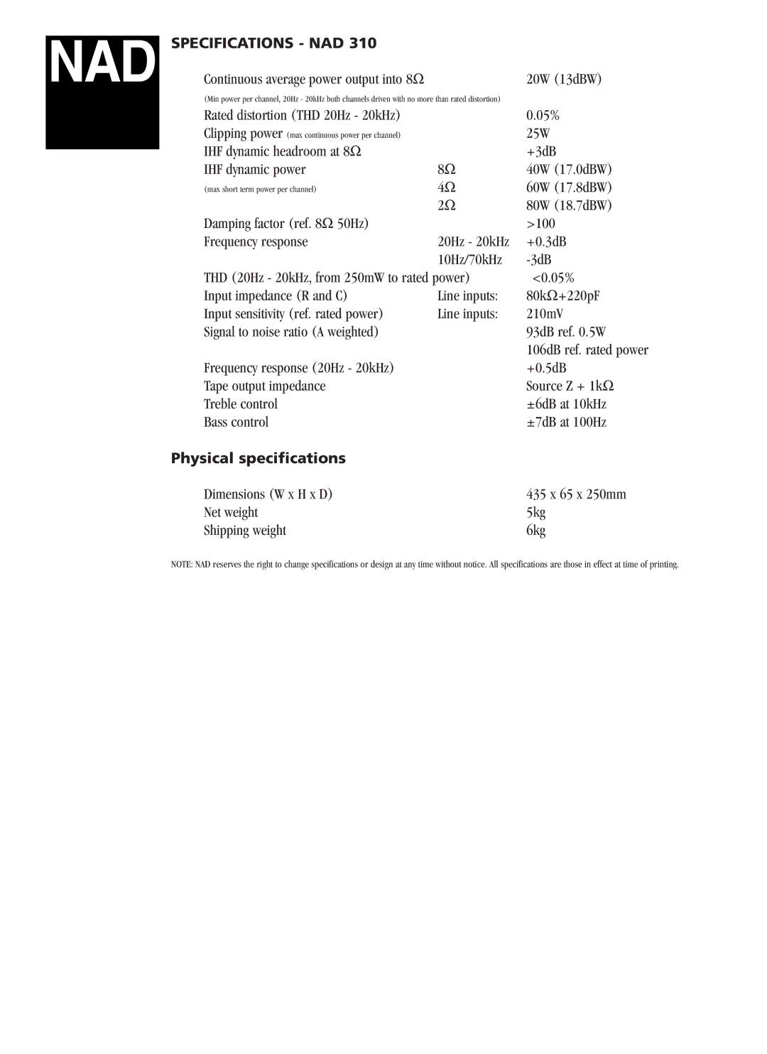 NAD 310 Specifications NAD, Physical specifications 