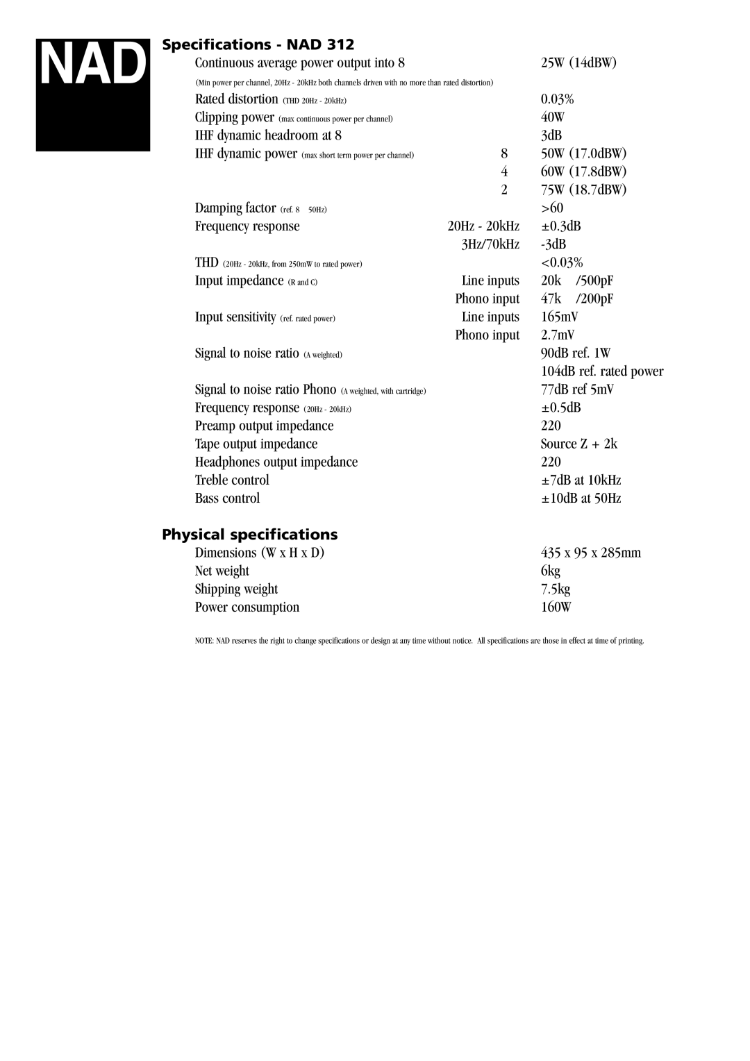 NAD 312 manual Specifications NAD, Physical specifications 