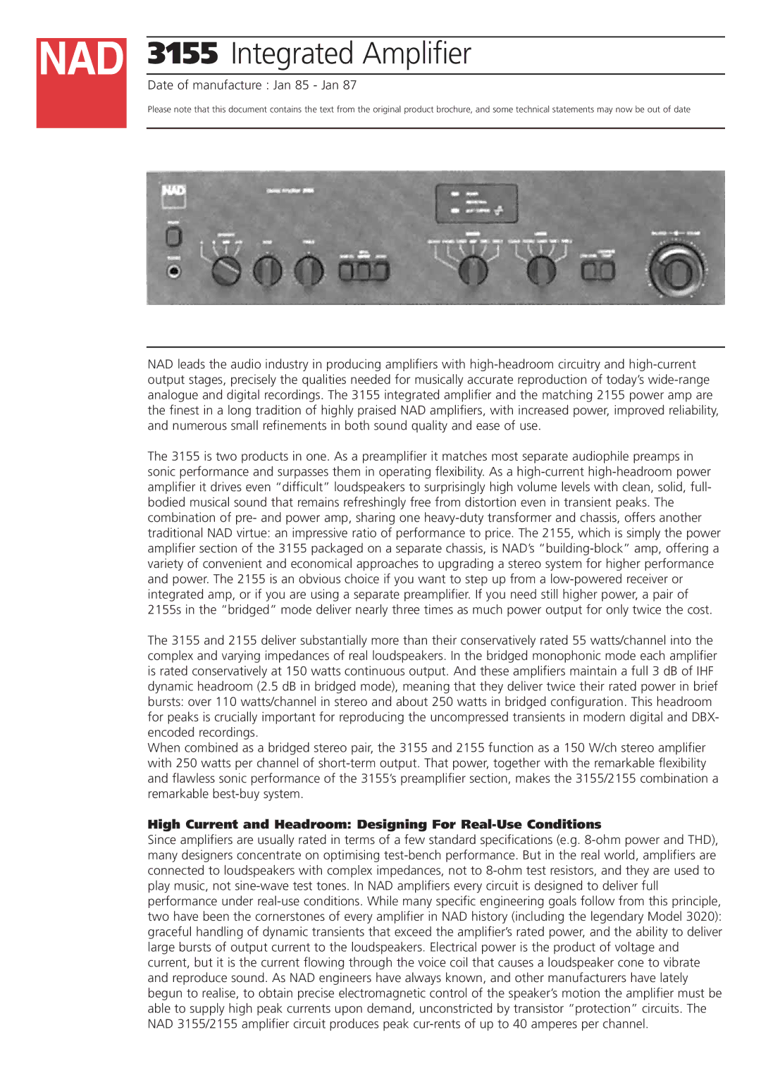 NAD 3155 brochure Integrated Amplifier, High Current and Headroom Designing For Real-Use Conditions 