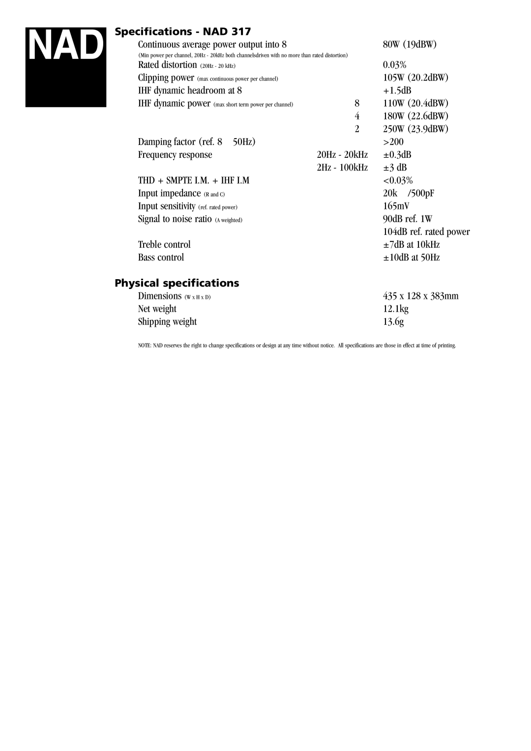 NAD 317 manual Specifications NAD, THD + Smpte I.M. + IHF I.M, Physical specifications 