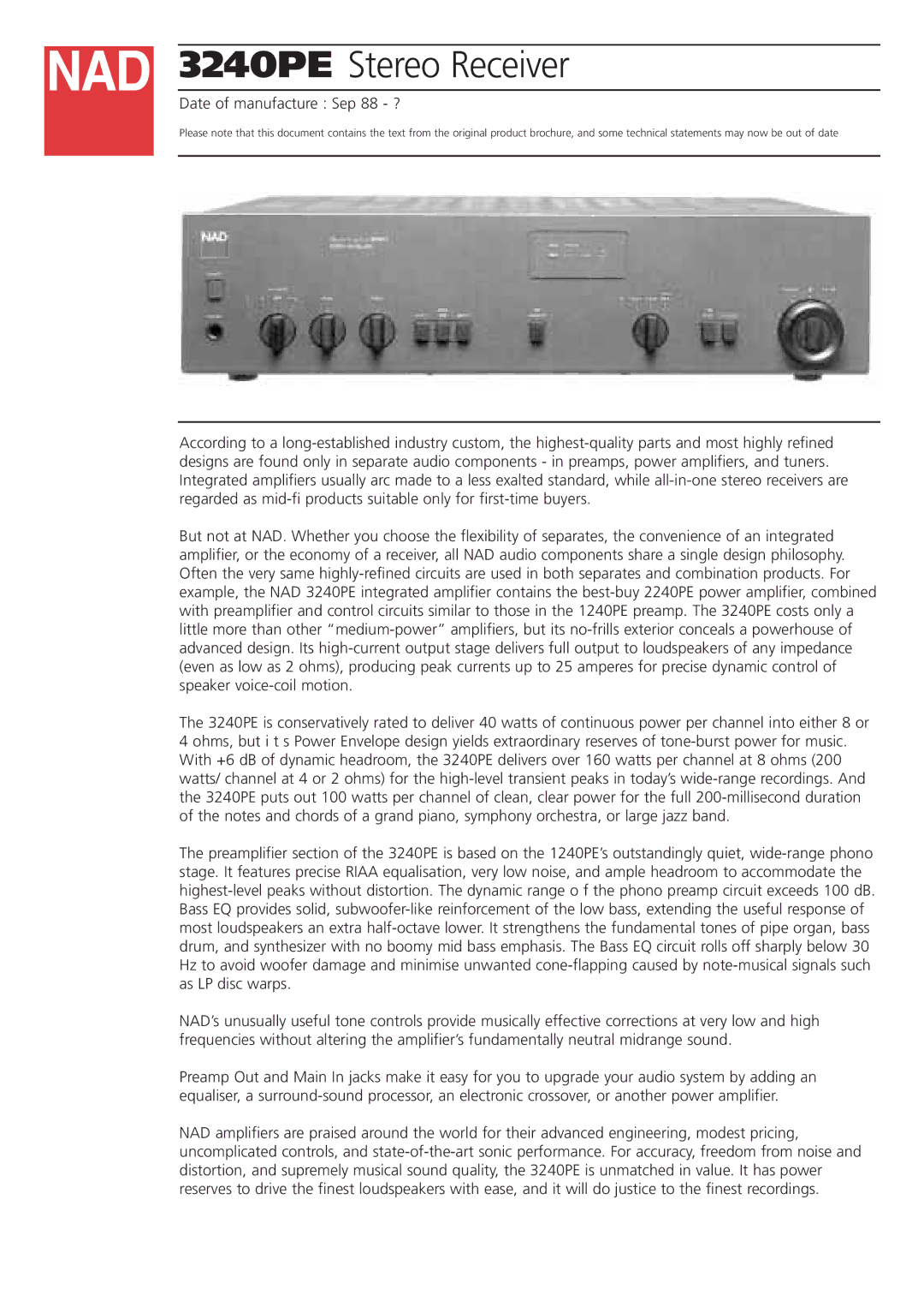 NAD brochure 3240PE Stereo Receiver, Date of manufacture Sep 88 ? 