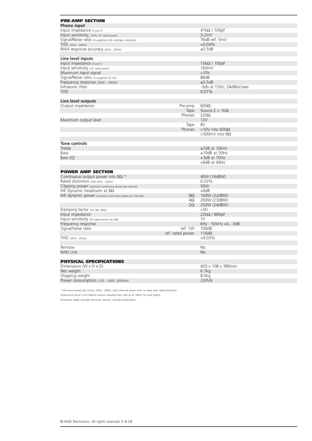 NAD 3240PE brochure PRE-AMP Section, Power AMP Section, Physical Specifications 