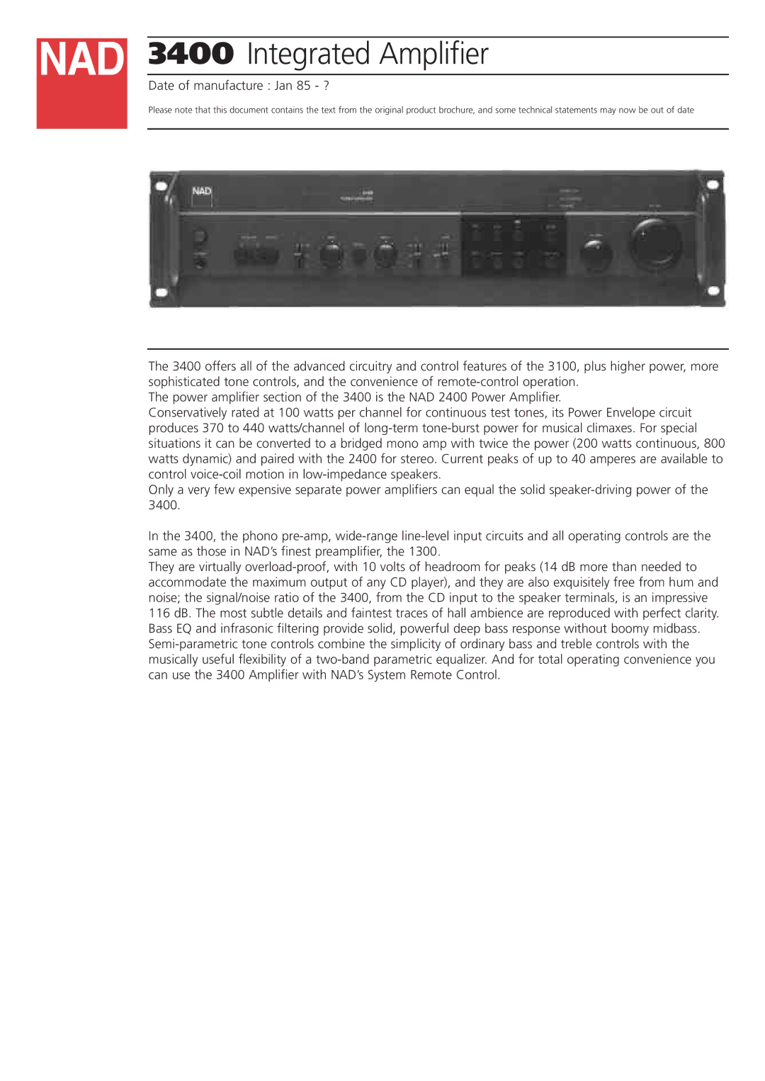 NAD 3400 brochure Integrated Amplifier, Date of manufacture Jan 85 ? 