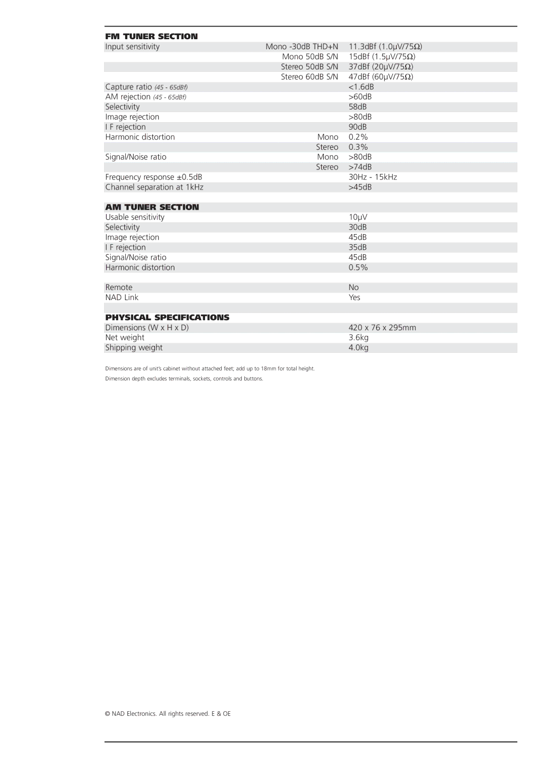 NAD 402 brochure FM Tuner Section, AM Tuner Section, Physical Specifications 