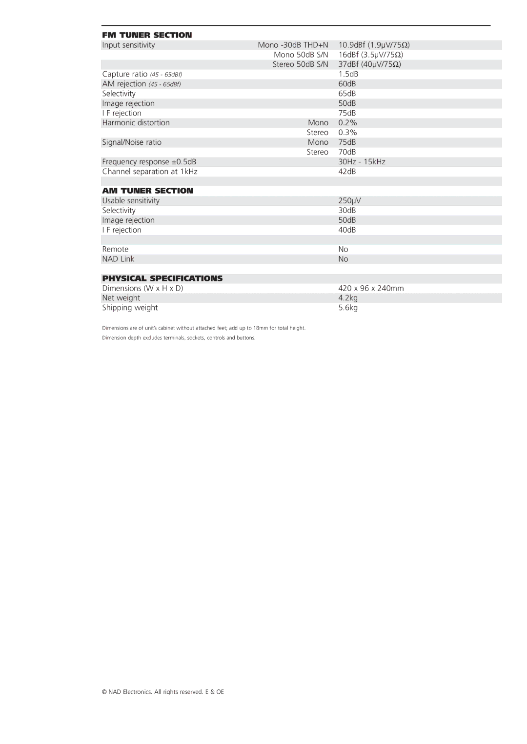 NAD 4020A brochure FM Tuner Section, AM Tuner Section, Physical Specifications 