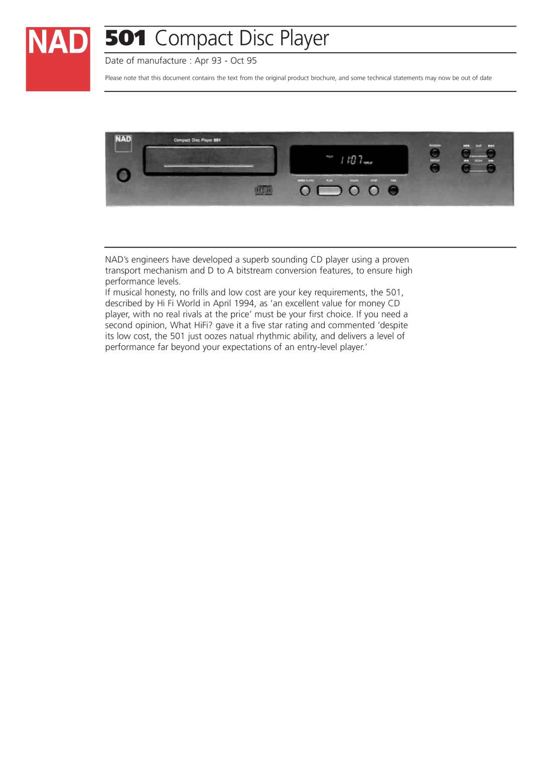 NAD 501 brochure Compact Disc Player, Date of manufacture Apr 93 Oct 