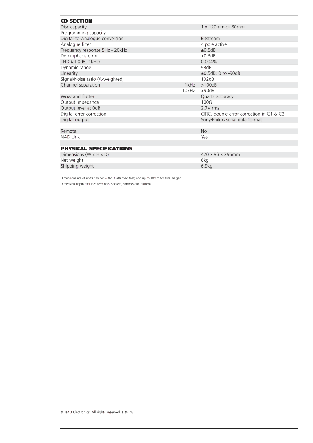 NAD 501 brochure CD Section, Physical Specifications 