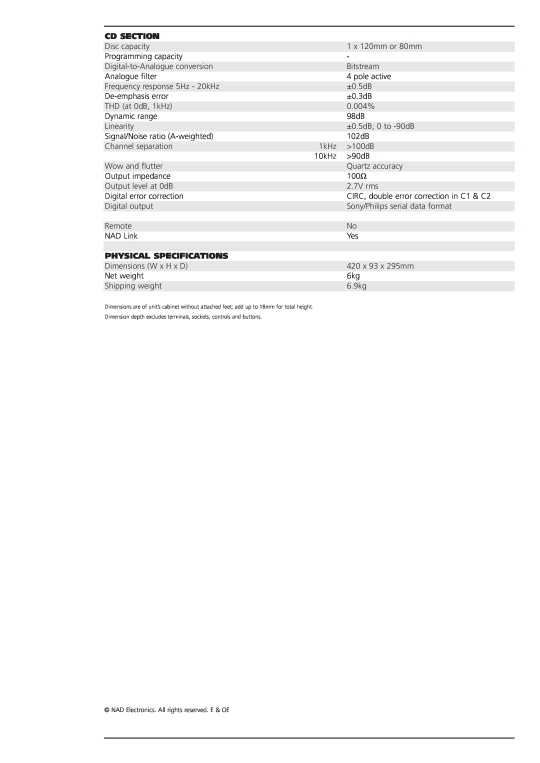 NAD 501 brochure Cd Section, Physical Specifications 