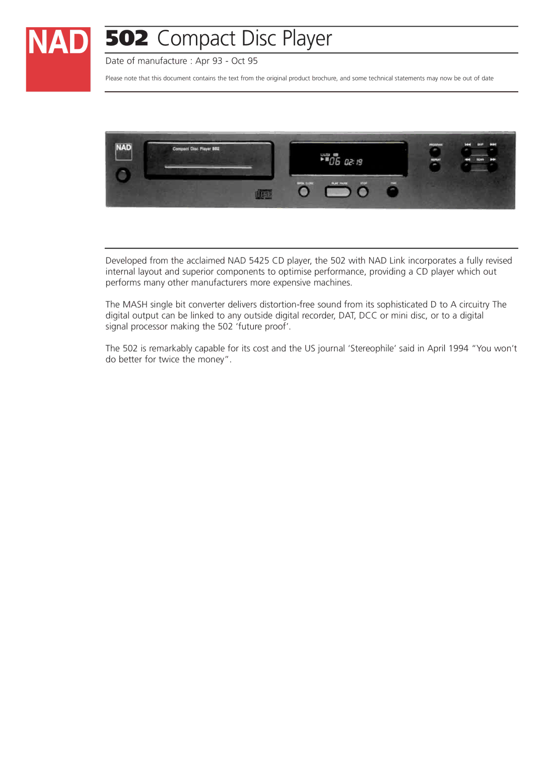 NAD 502 brochure Compact Disc Player, Date of manufacture Apr 93 Oct 