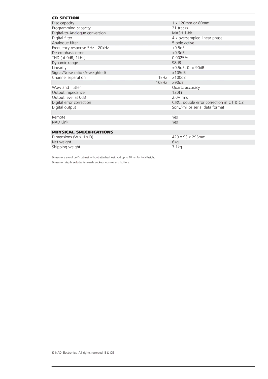 NAD 502 brochure CD Section, Physical Specifications 