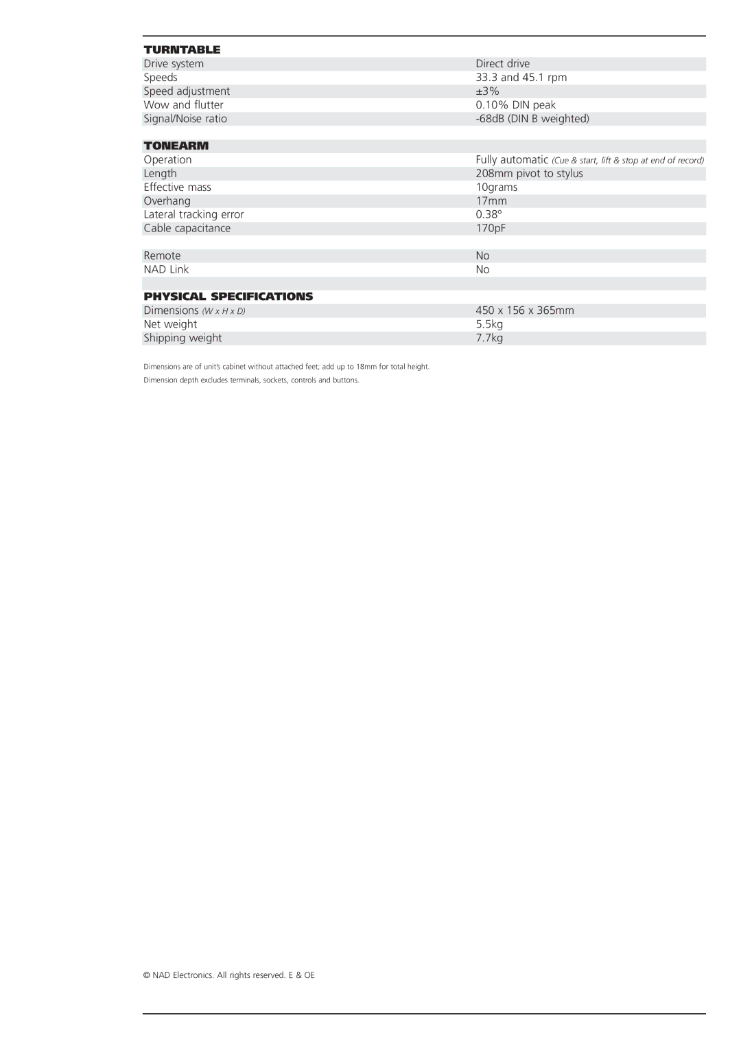 NAD 5080 brochure Turntable, Tonearm, Physical Specifications 