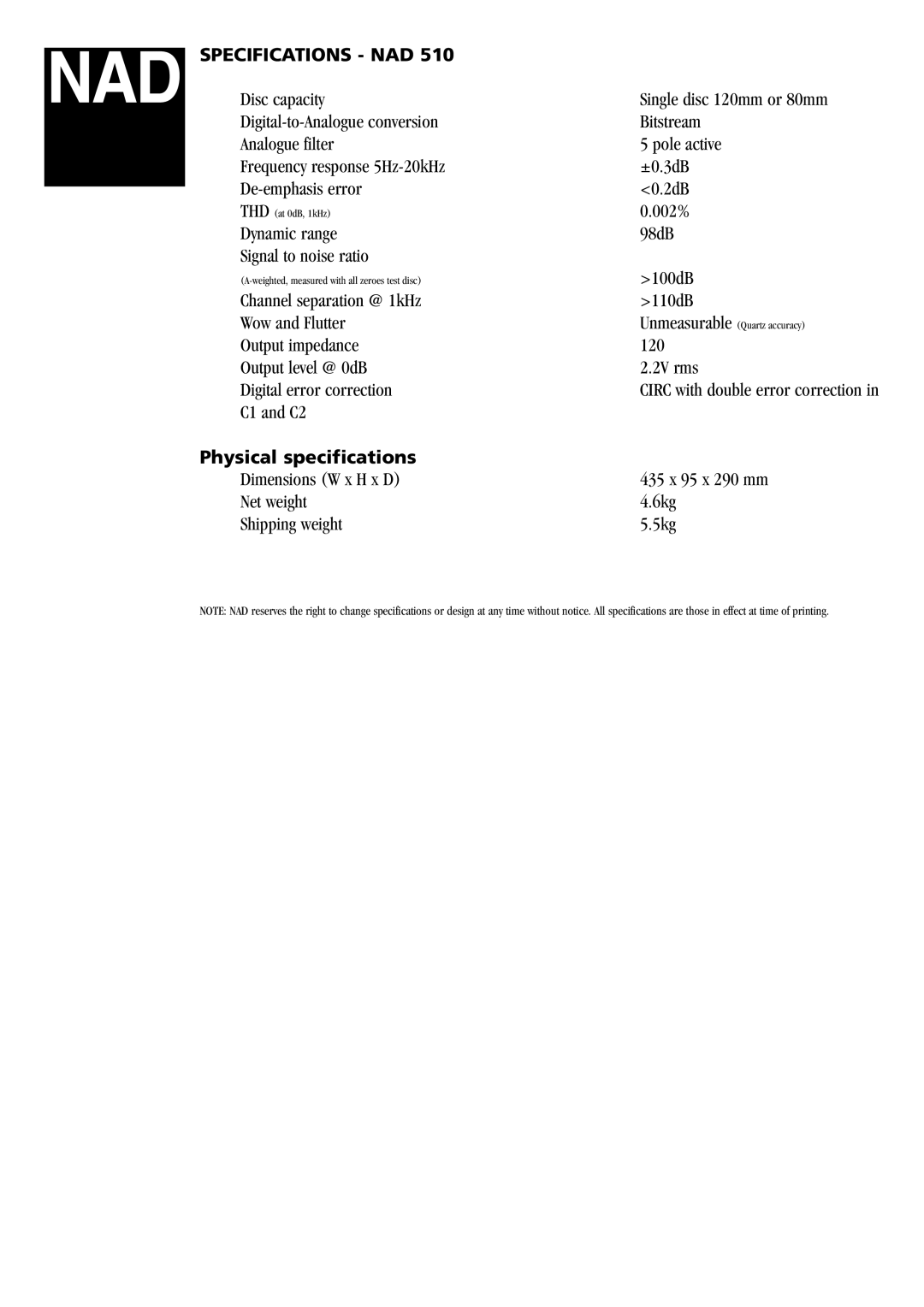 NAD 510 manual Specifications NAD, Physical specifications 