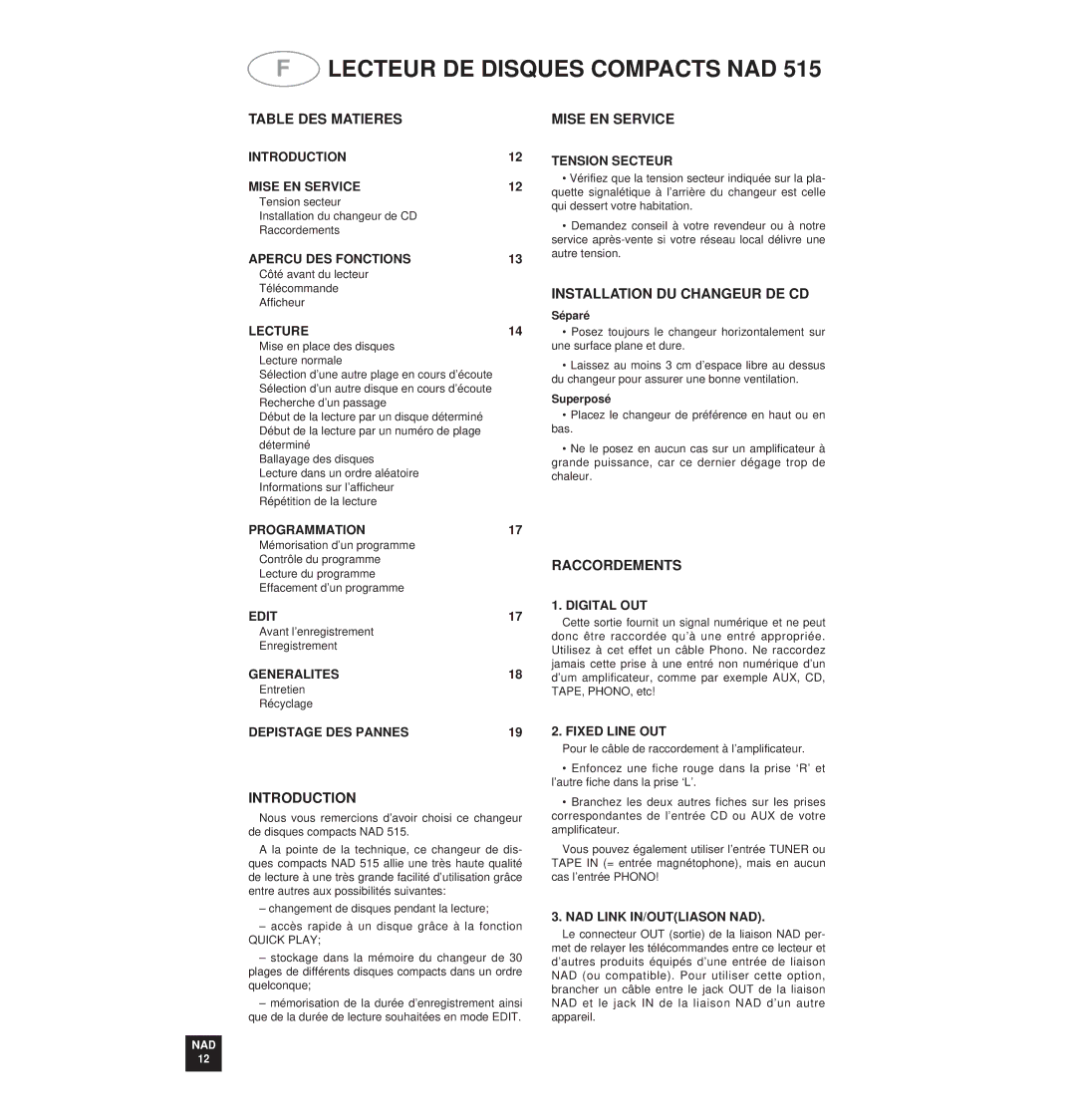 NAD 515 owner manual Table DES Matieres, Installation DU Changeur DE CD, Raccordements 