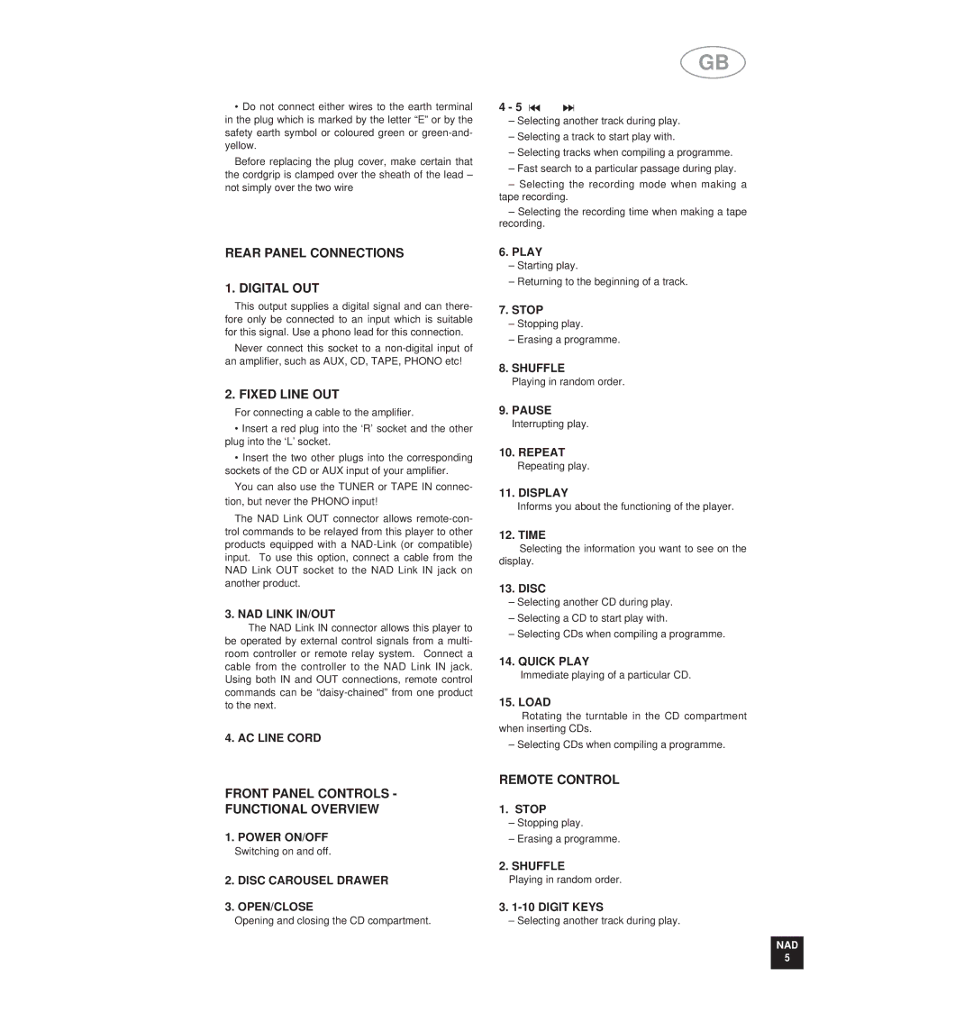 NAD 515 Rear Panel Connections Digital OUT, Fixed Line OUT, Front Panel Controls Functional Overview, Remote Control 