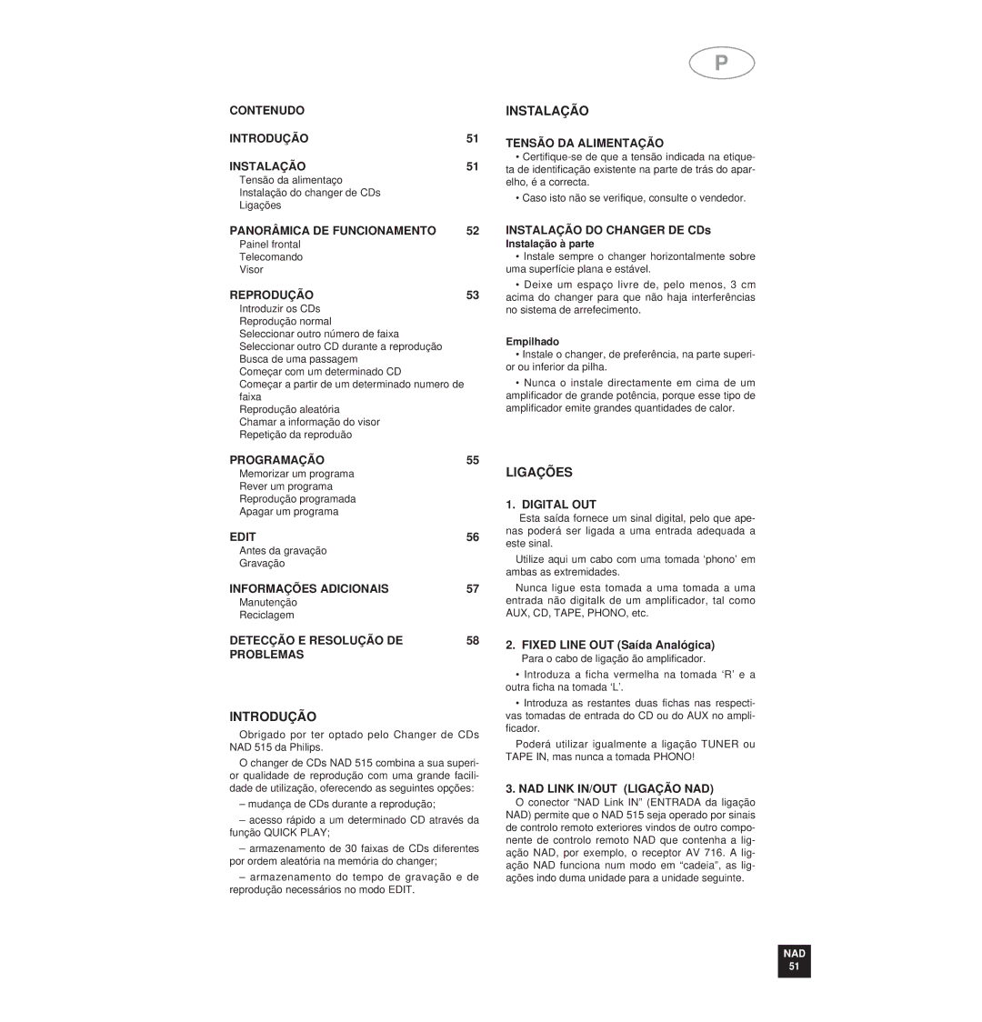 NAD 515 owner manual Instalação, Ligações, Introdução 