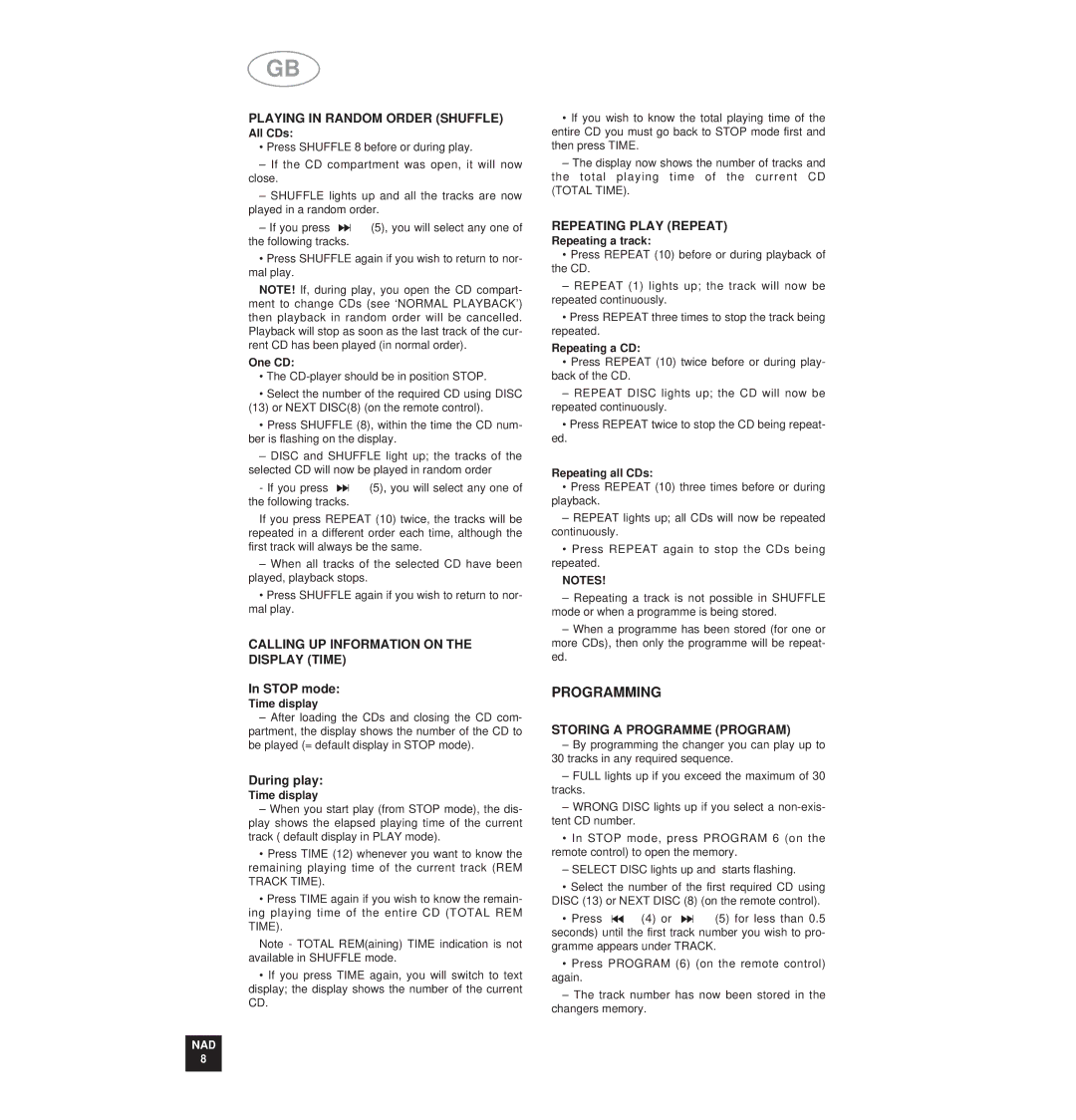 NAD 515 Programming, Playing in Random Order Shuffle, Calling UP Information on Display Time, Repeating Play Repeat 