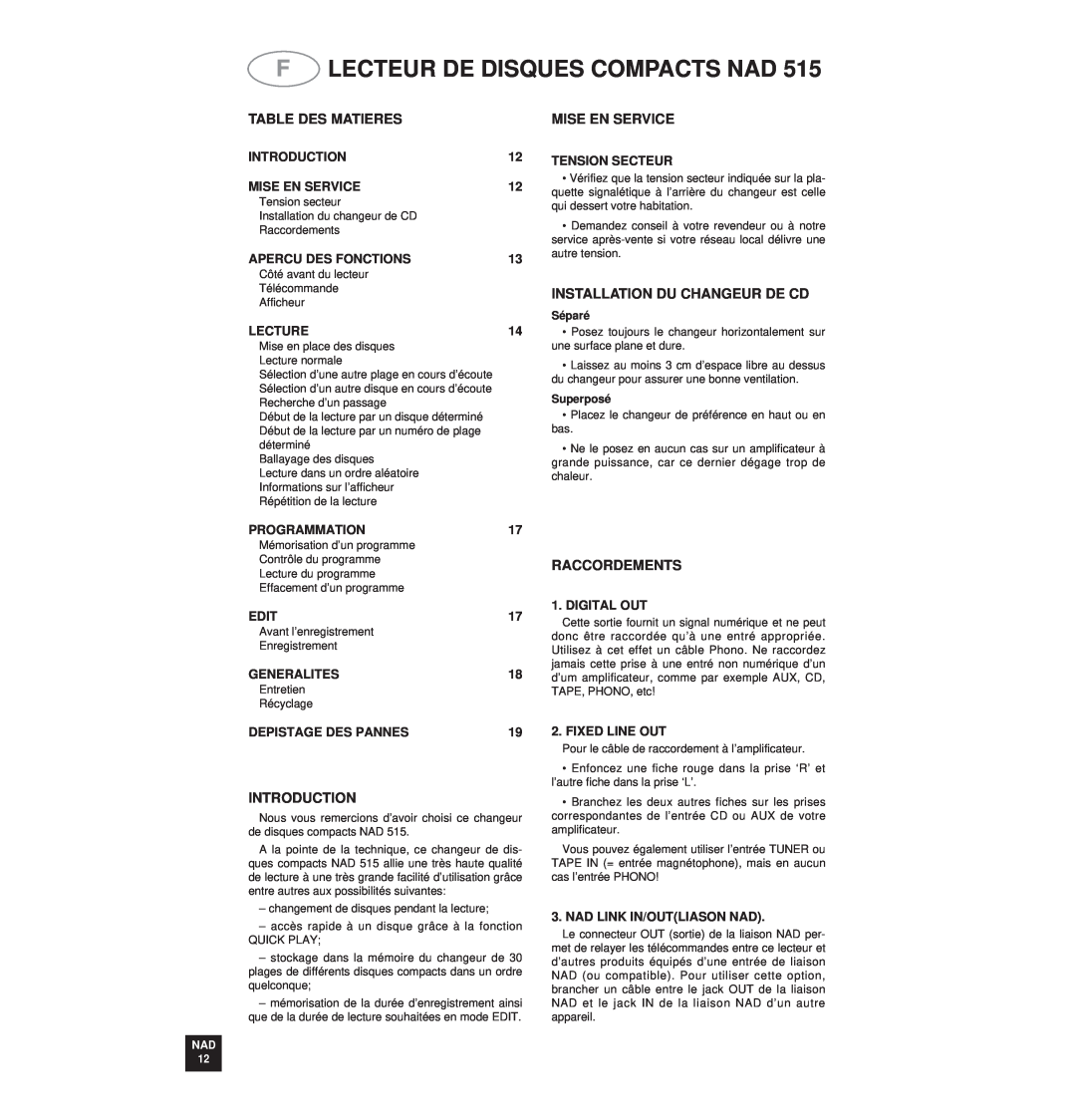 NAD 515 Flecteur De Disques Compacts Nad, Table Des Matieres, Installation Du Changeur De Cd, Raccordements, Lecture, Edit 