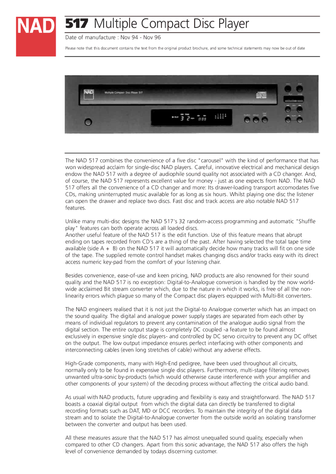 NAD 517 brochure Multiple Compact Disc Player, Date of manufacture Nov 94 Nov 