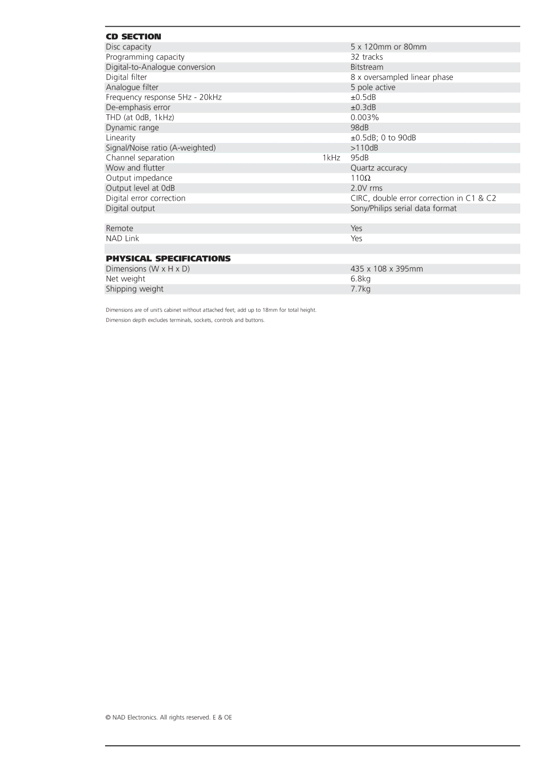 NAD 517 brochure CD Section, Physical Specifications 