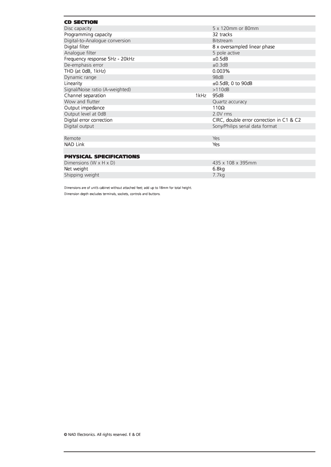 NAD 517 brochure Cd Section, Physical Specifications 