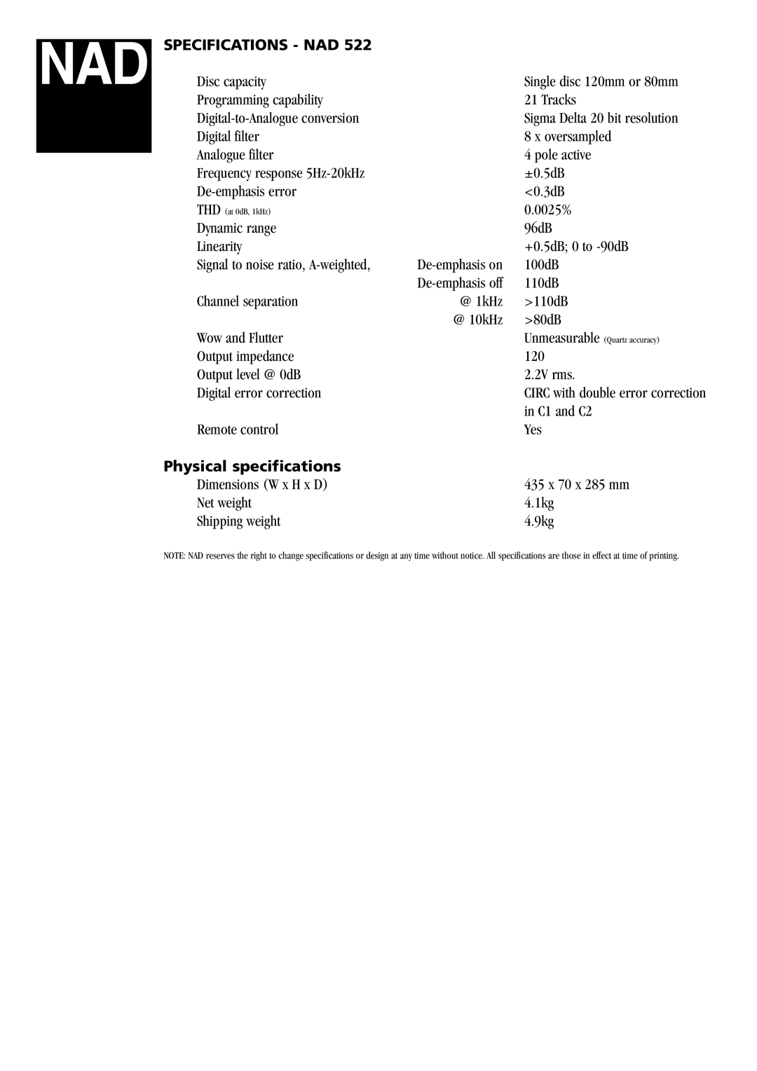 NAD 522 manual Specifications NAD, Physical specifications 