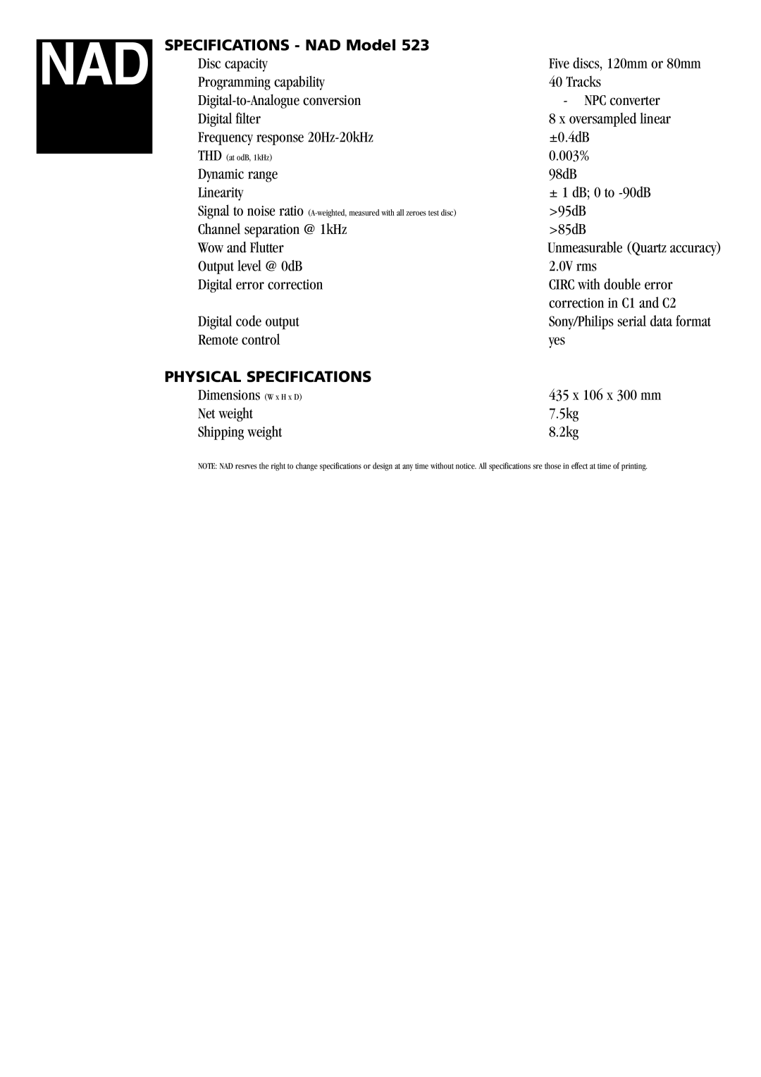 NAD 523 manual Specifications NAD Model 