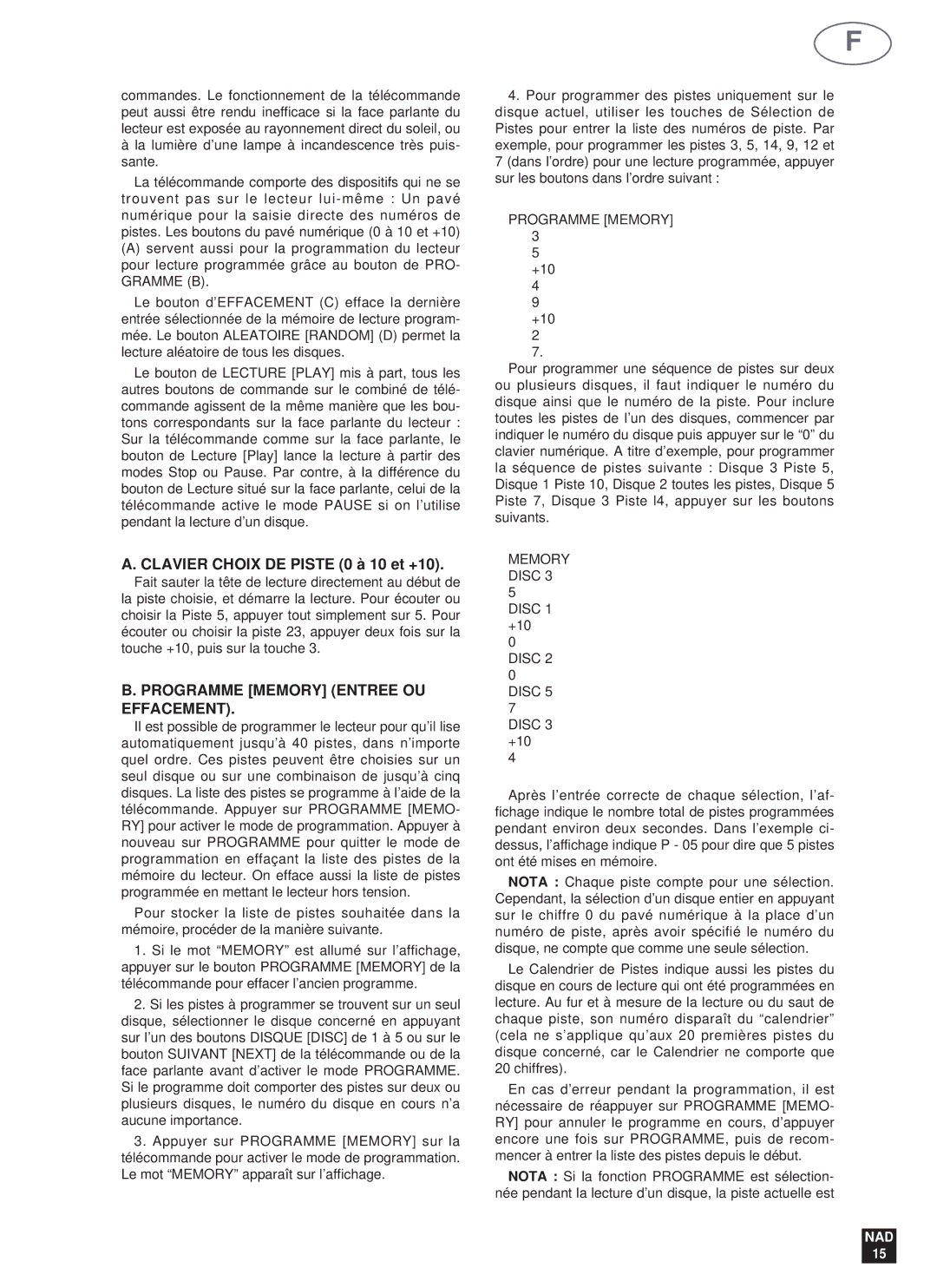 NAD 523 owner manual Clavier Choix DE Piste 0 à 10 et +10, Programme Memory Entree OU Effacement, Memory Disc 3 