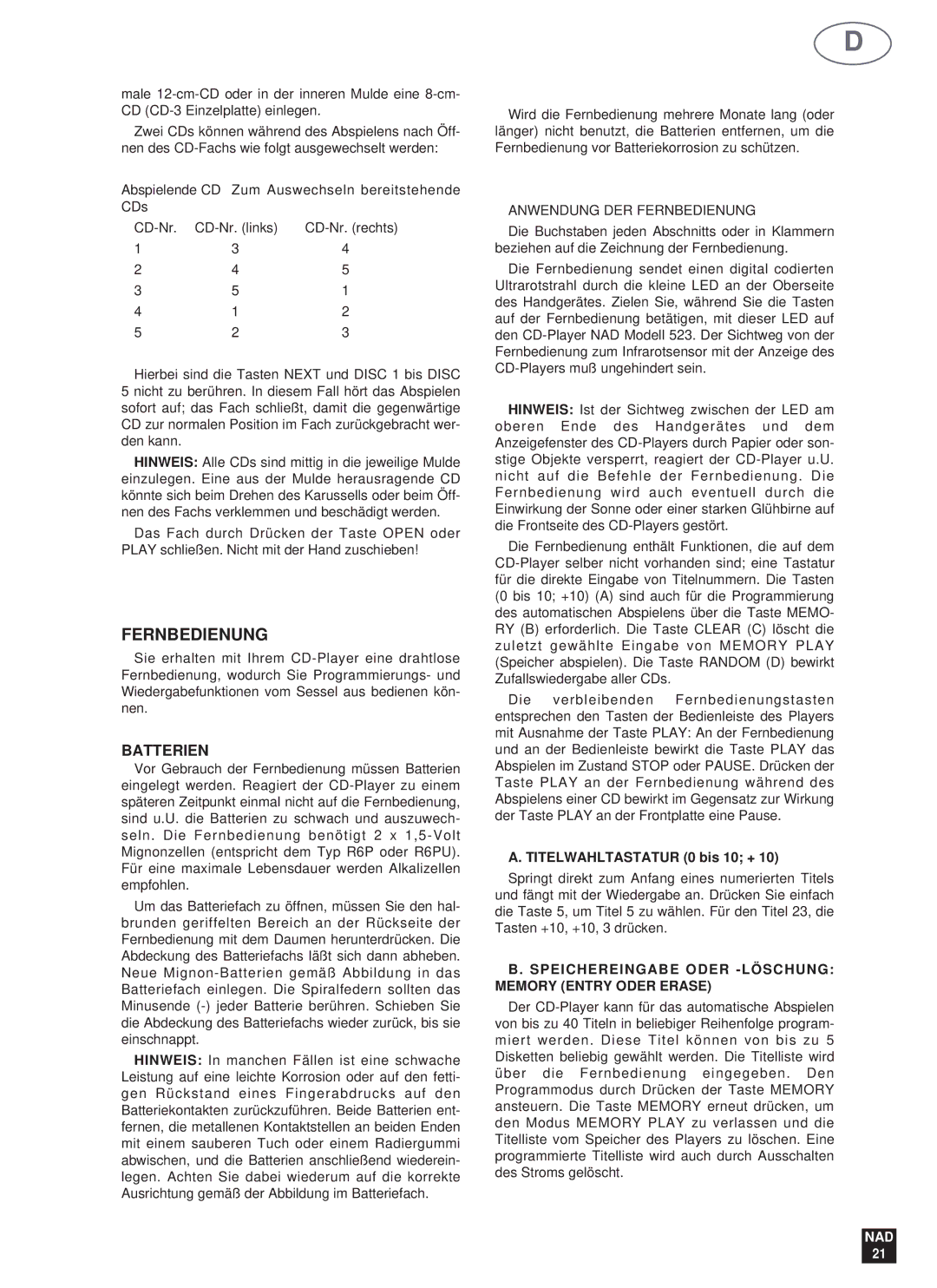 NAD 523 owner manual Batterien, Anwendung DER Fernbedienung, Titelwahltastatur 0 bis 10 + 