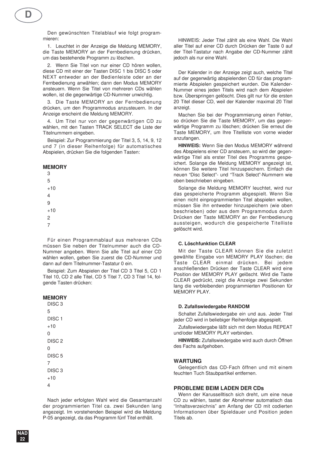 NAD 523 owner manual Memory, Wartung, Probleme Beim Laden DER CDs, Löschfunktion Clear, Zufallswiedergabe Random 