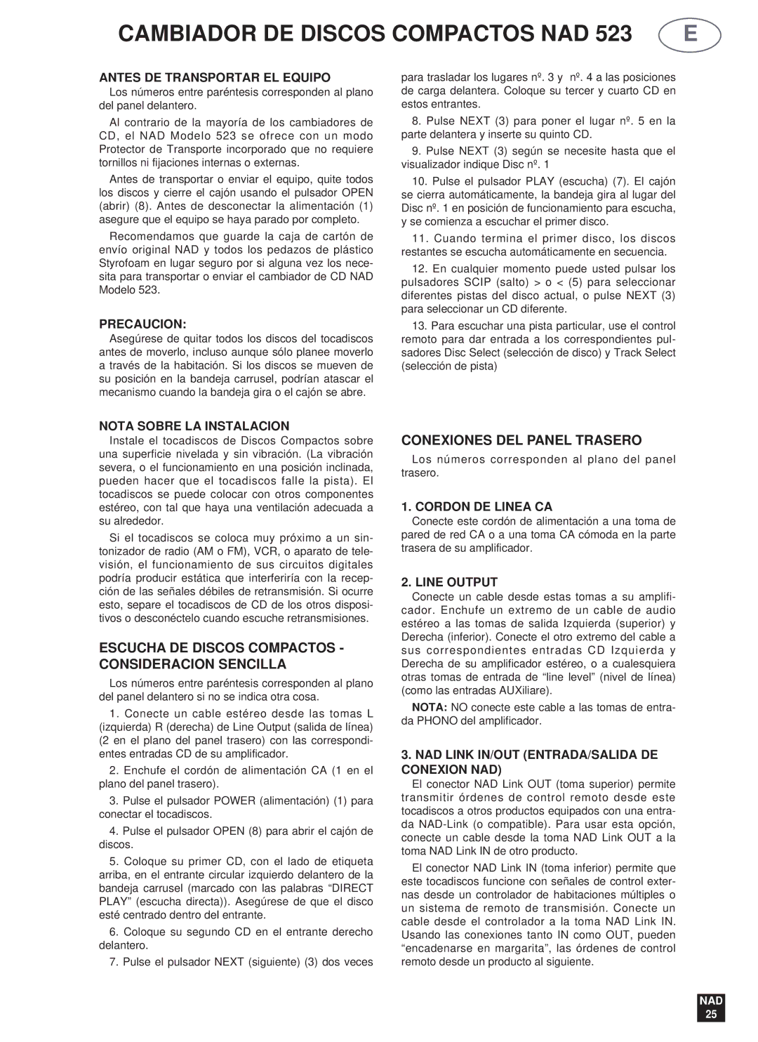 NAD 523 owner manual Cambiador DE Discos Compactos NAD, Escucha DE Discos Compactos Consideracion Sencilla 