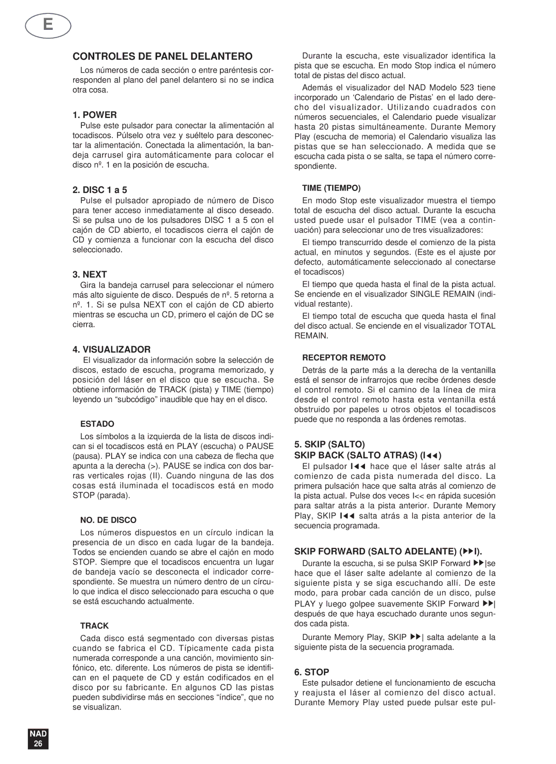 NAD 523 Controles DE Panel Delantero, Next, Visualizador, Skip Salto Skip Back Salto Atras, Skip Forward Salto Adelante 