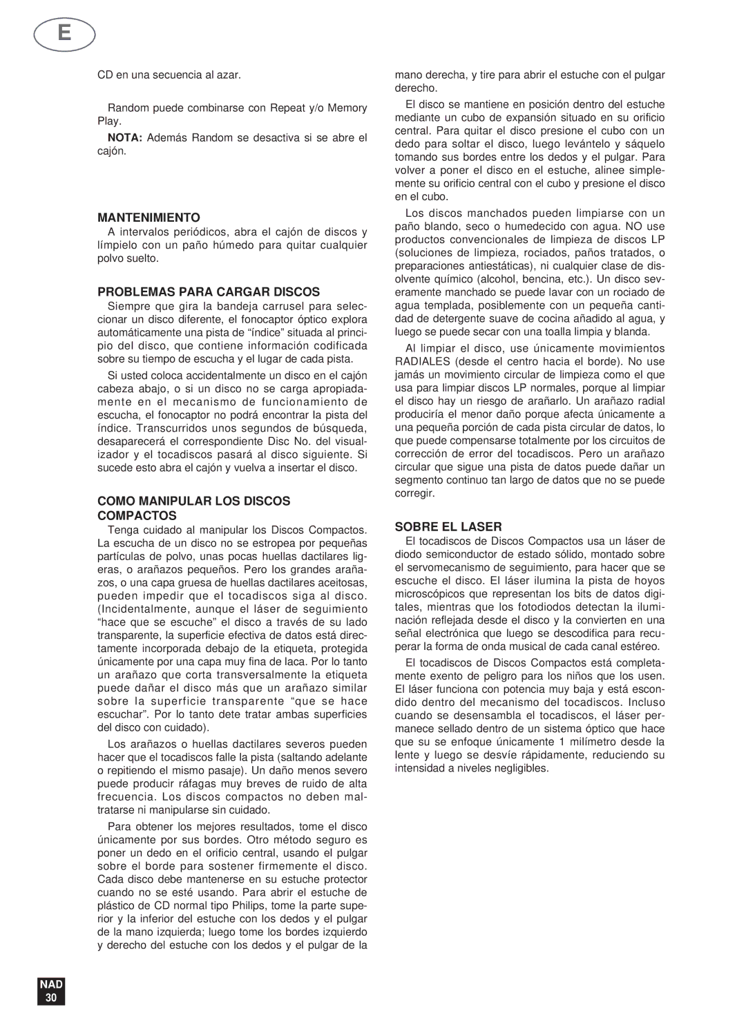 NAD 523 owner manual Mantenimiento, Problemas Para Cargar Discos, Como Manipular LOS Discos Compactos, Sobre EL Laser 