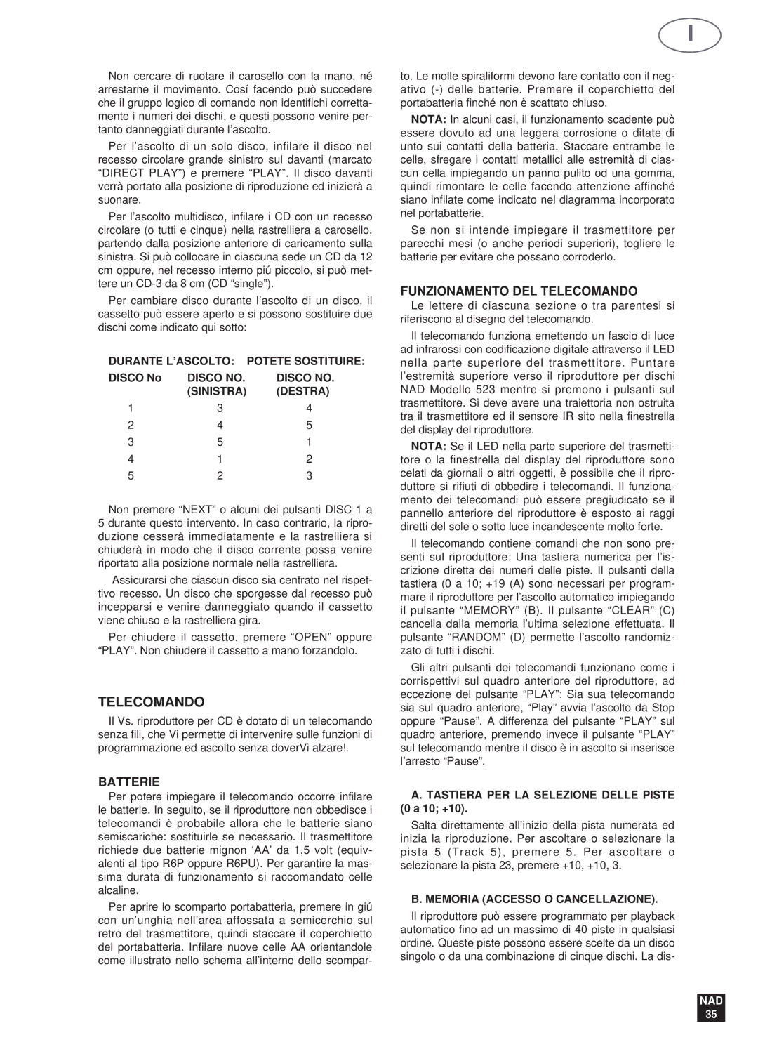 NAD 523 owner manual Batterie, Funzionamento DEL Telecomando 