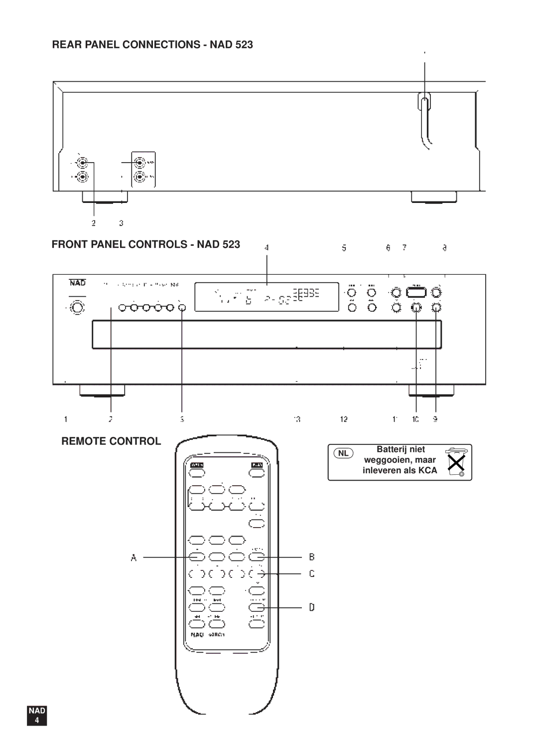 NAD 523 owner manual Batterij niet, Inleveren als KCA, Weggooien, maar 