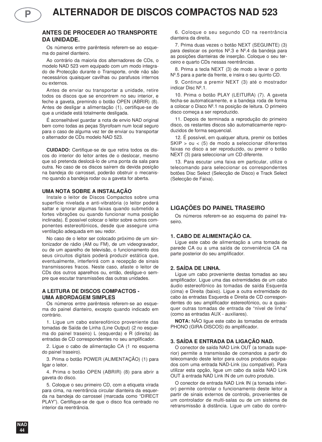 NAD 523 Alternador DE Discos Compactos NAD, Antes DE Proceder AO Transporte DA Unidade, Ligações do Painel Traseiro 