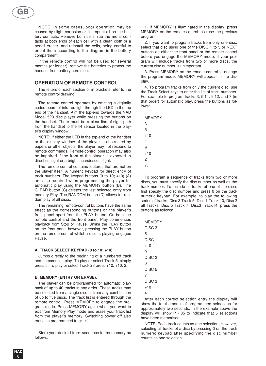 NAD 523 owner manual Operation of Remote Control, Track Select Keypad 0 to 10 +10, Memory Entry or Erase, Memory Disc 