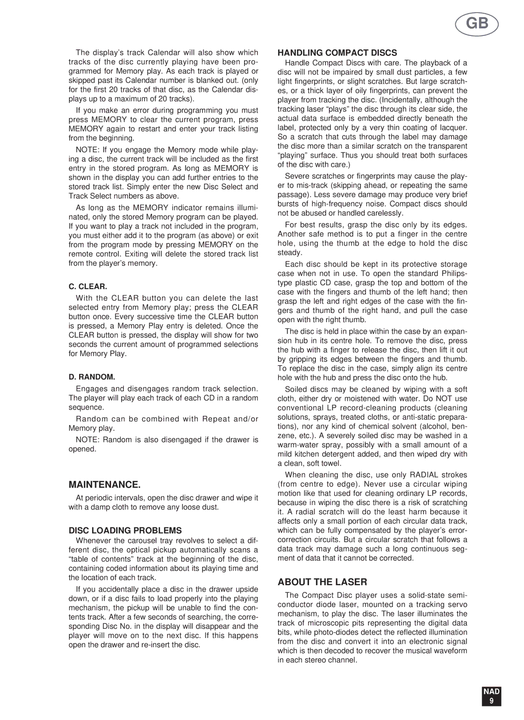 NAD 523 owner manual Maintenance, About the Laser, Disc Loading Problems, Handling Compact Discs 