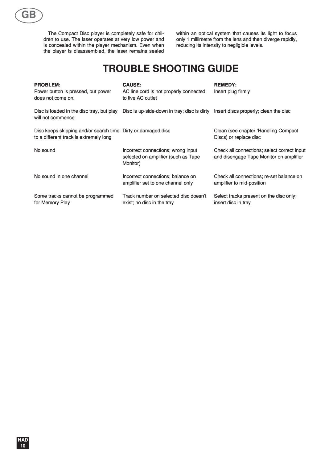 NAD 523 owner manual Trouble Shooting Guide, Problem, Cause, Remedy, NAD 10 