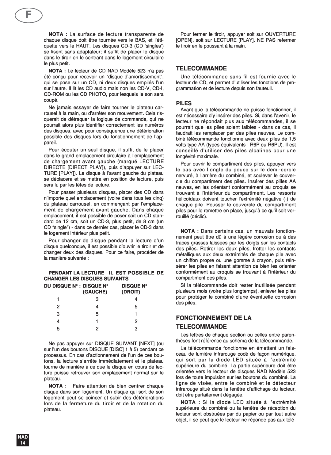 NAD 523 owner manual Fonctionnement De La Telecommande, Piles, Du Disque N : Disque N, Gauche, Droit, Nad 