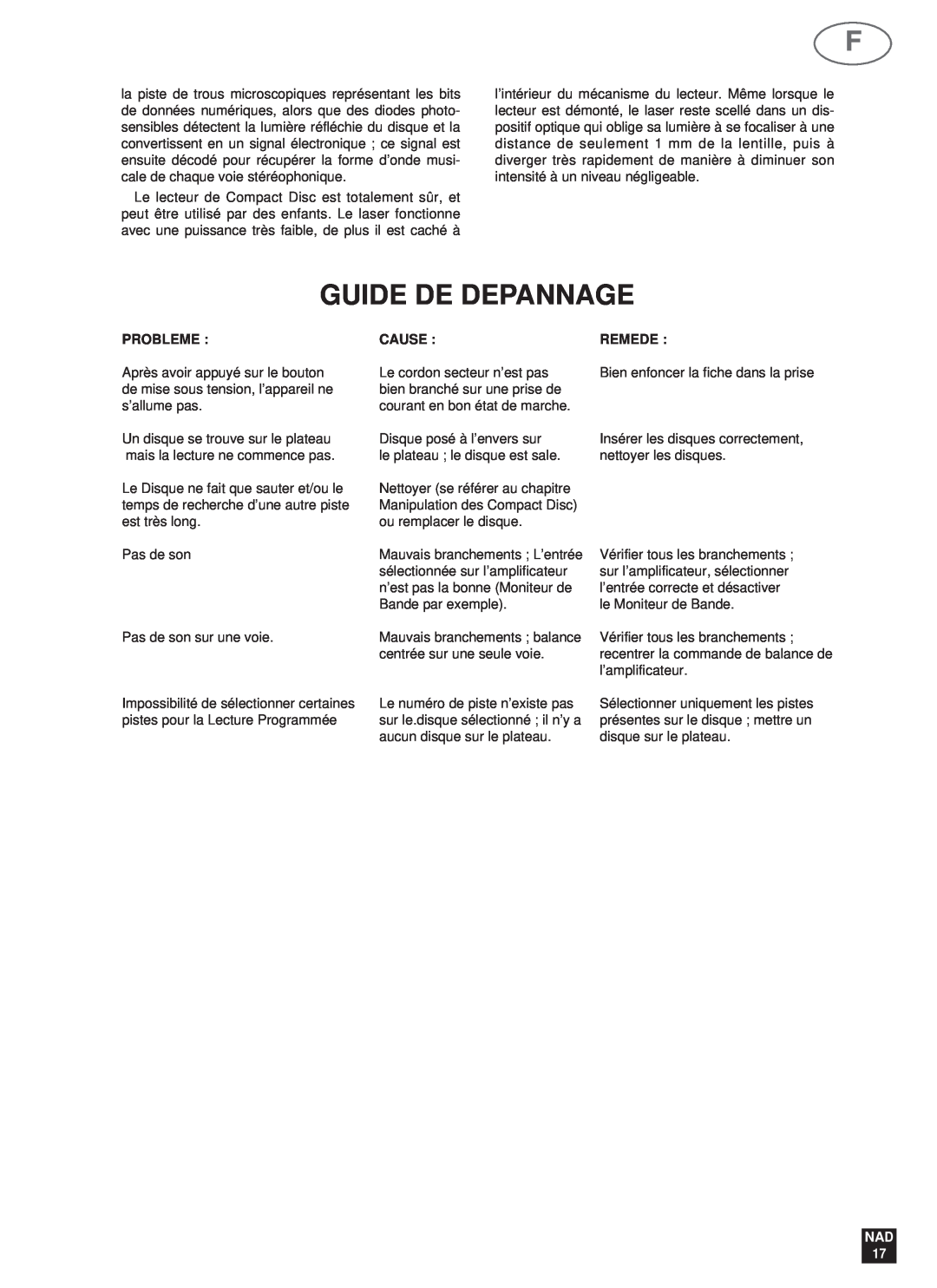 NAD 523 owner manual Guide De Depannage, Probleme, Cause, Remede, NAD 17 