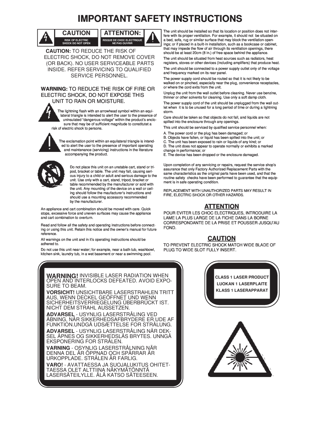 NAD 523 owner manual Important Safety Instructions 