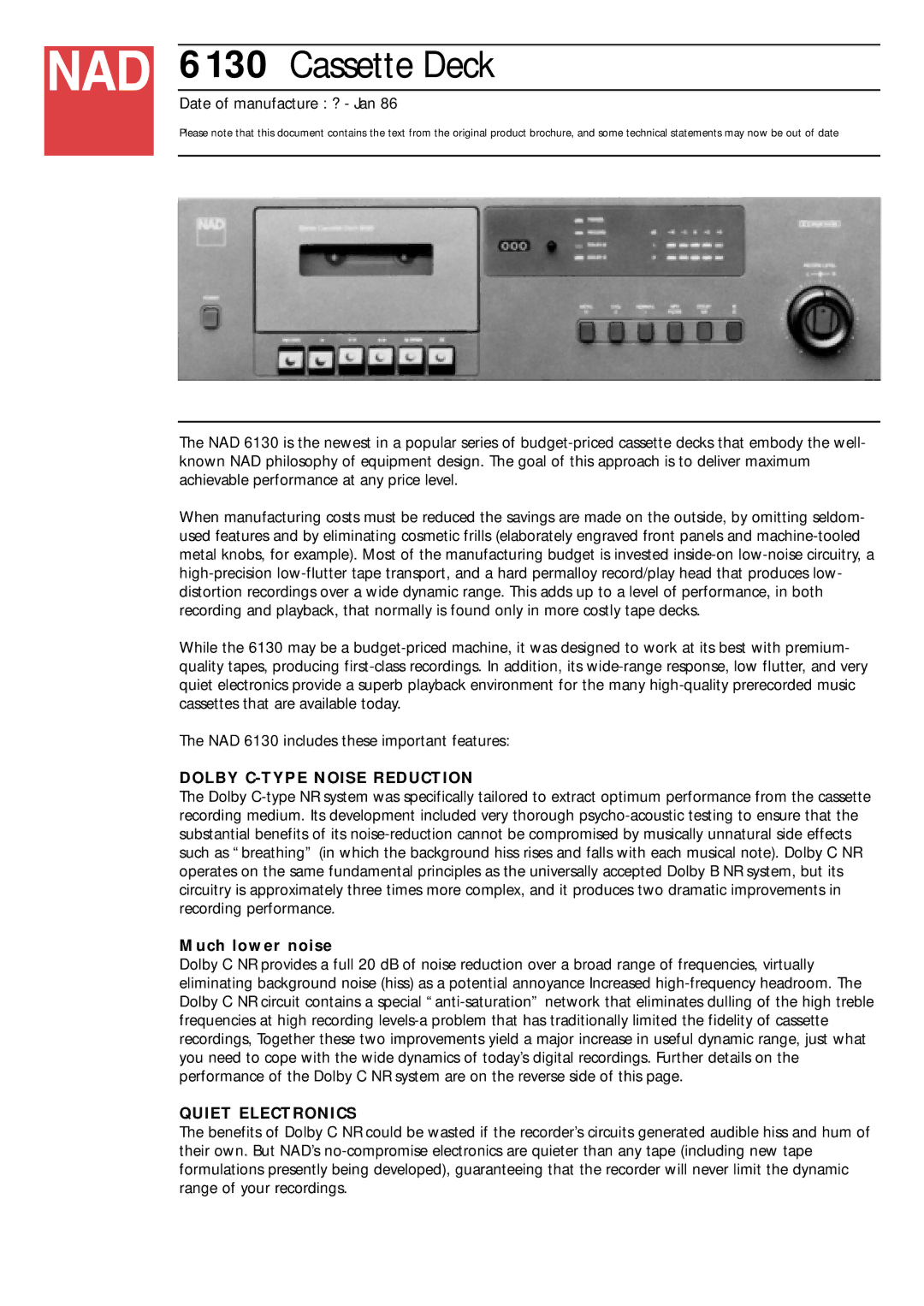 NAD 6130 brochure Dolby C-TYPE Noise Reduction, Quiet Electronics 