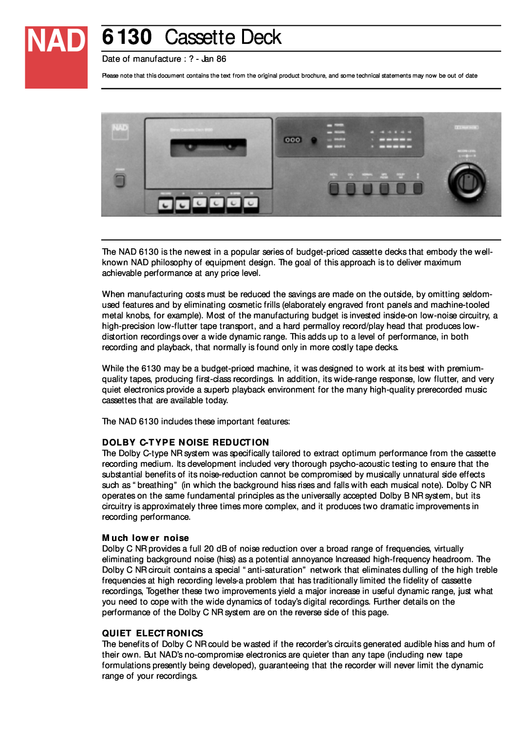 NAD 6130 brochure Dolby C-Typenoise Reduction, Much lower noise, Quiet Electronics, Cassette Deck 