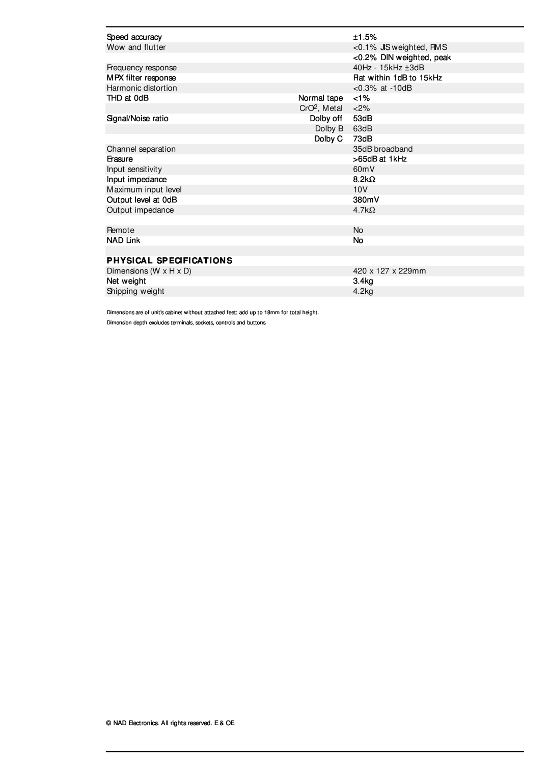 NAD 6130 brochure Physical Specifications 
