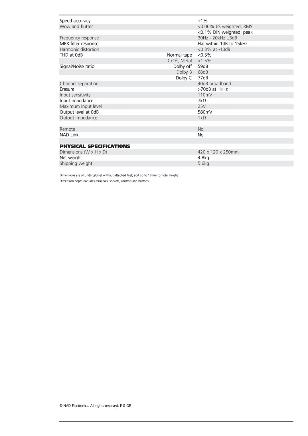 NAD 6155 brochure Physical Specifications 
