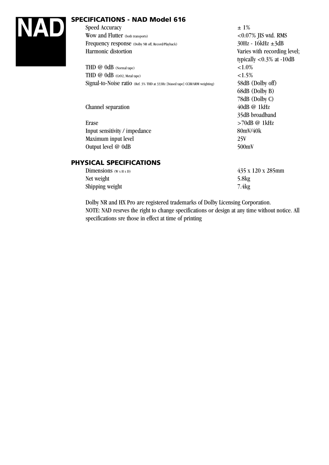 NAD 616 manual Specifications NAD Model, Physical Specifications 