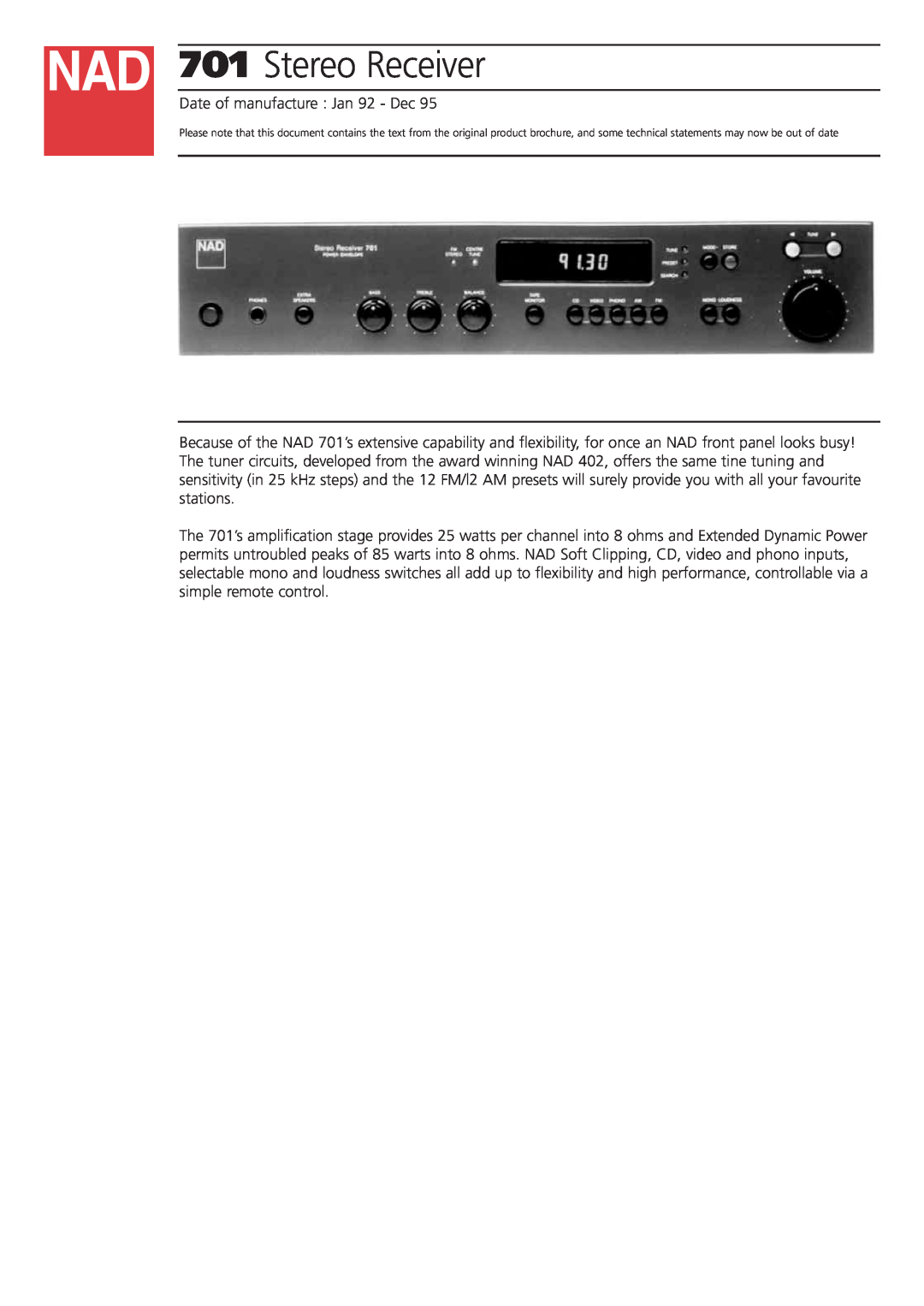 NAD brochure 701Stereo Receiver 